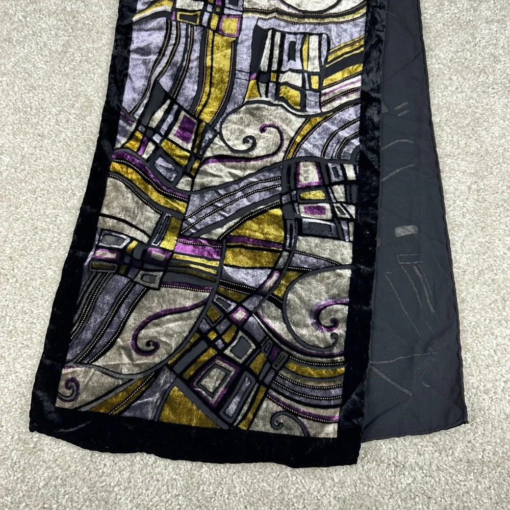 Art Deco Velvet Silk Burnout Scarf Stained Glass Devore Wrap Purple Gold Black